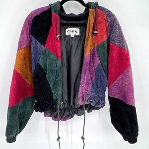 Vintage CHIA Colorblock Leather Suede Jacket 1980s Cropped Patchwork Hooded Coat
